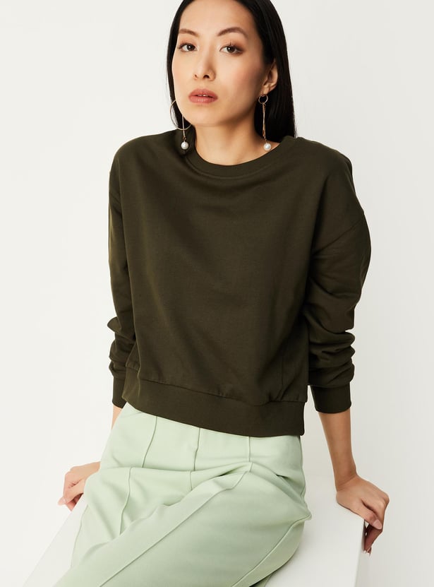 Women Solid Drop Shoulder Sweatshirt