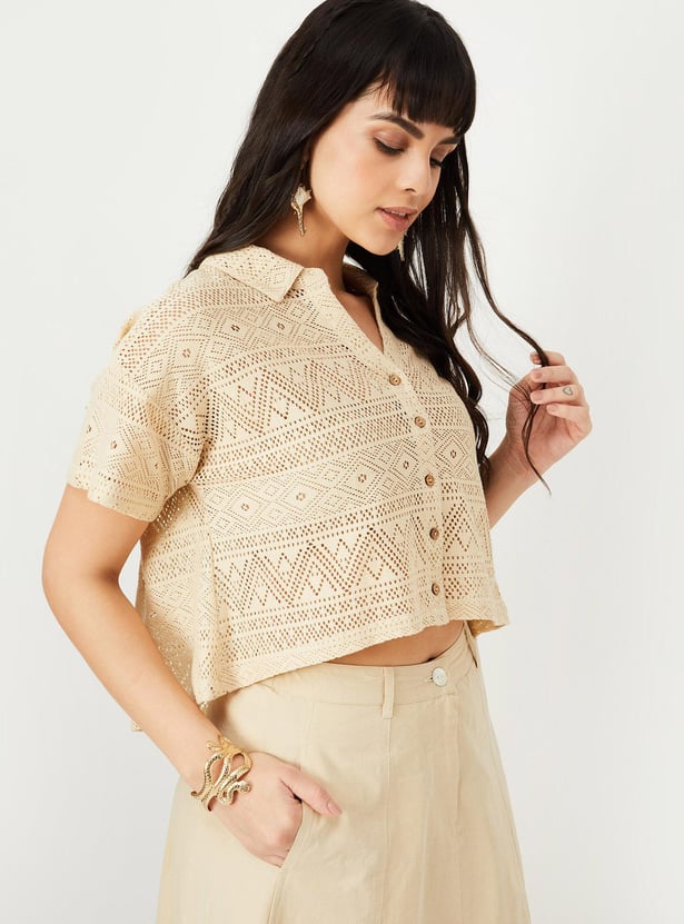 Women Crochet High-Low Hem Shirt