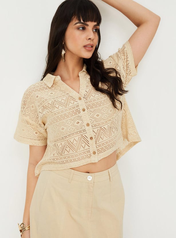 Women Crochet High-Low Hem Shirt