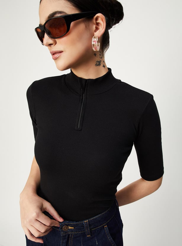 Buy Women Rib-Knit Mock Collar Top Online at just Rs. 599.0