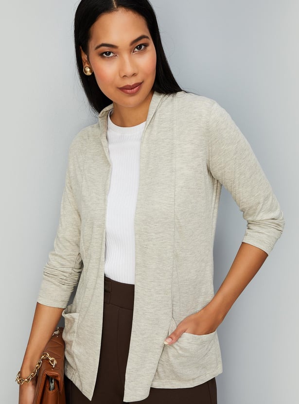 Women Solid Knit Shrug with Pockets
