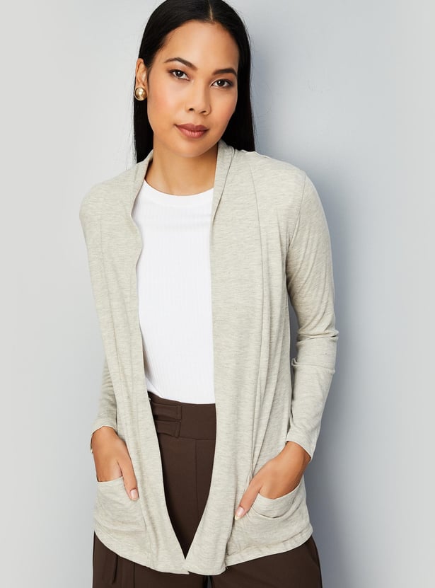 Women Solid Knit Shrug with Pockets