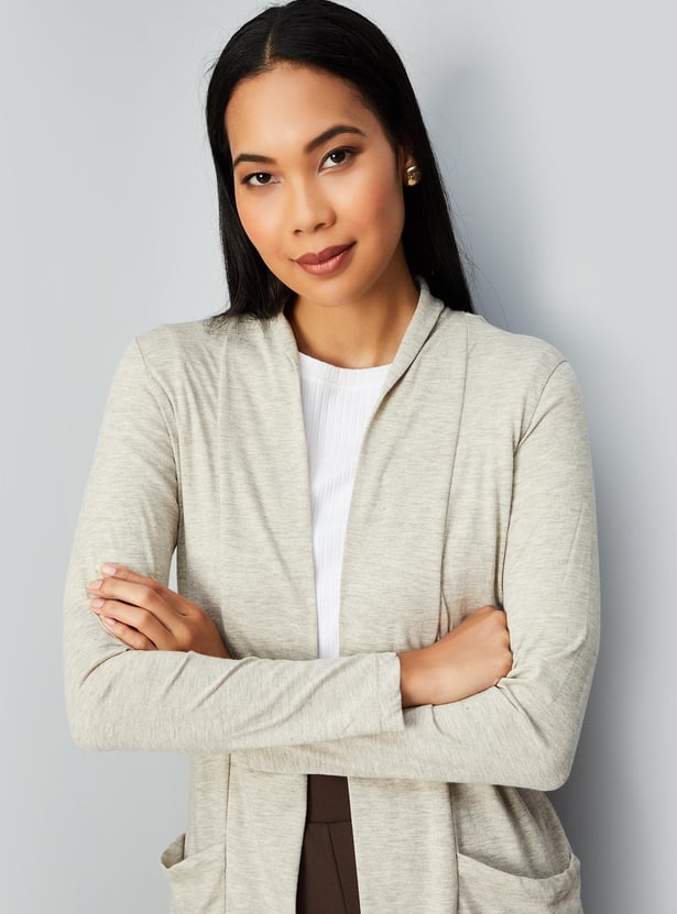 Women Solid Knit Shrug with Pockets