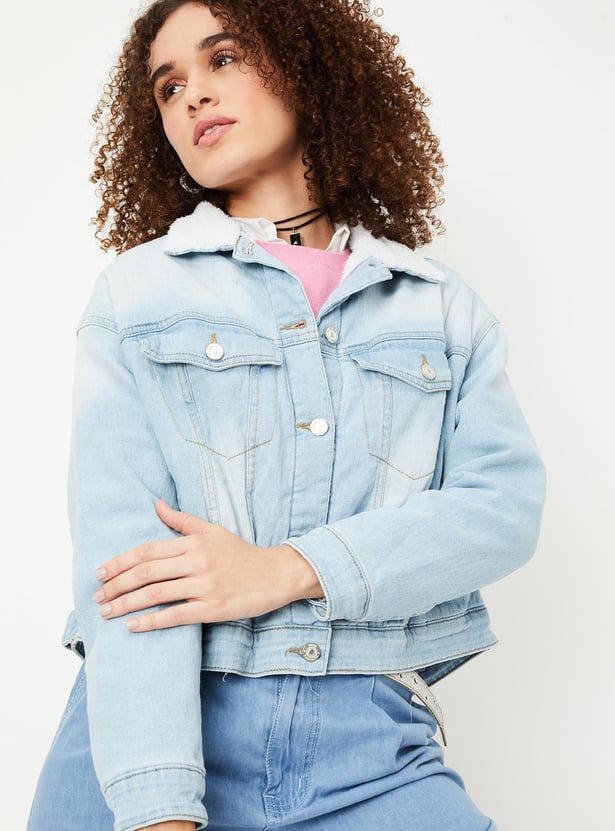 Women Washed Denim Jacket with Teddy Collar