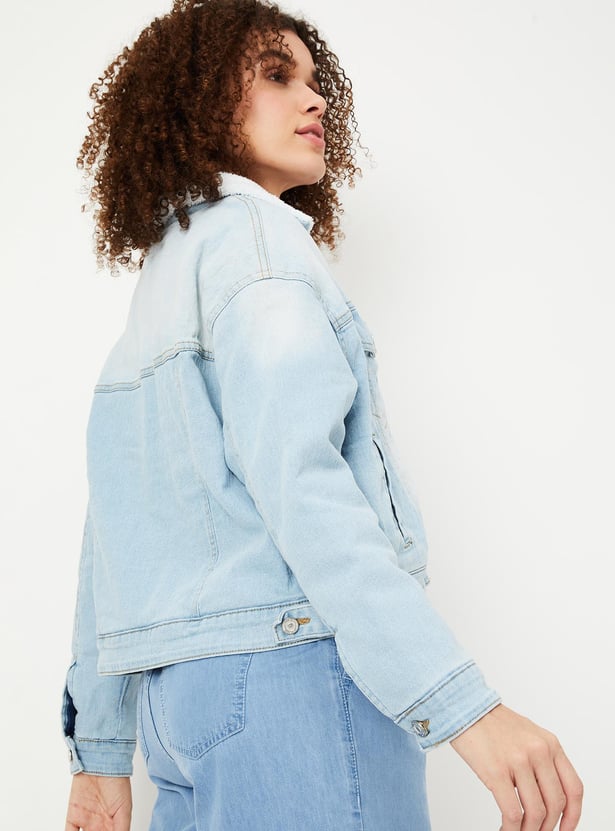 Women Washed Denim Jacket with Teddy Collar