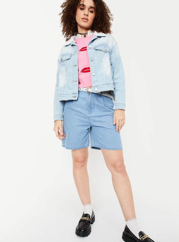 Women Washed Denim Jacket with Teddy Collar