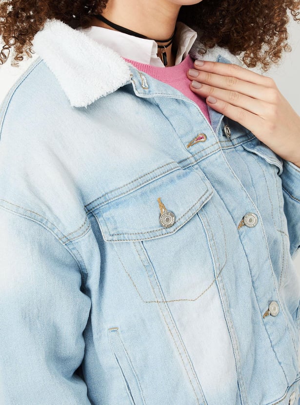 Women Washed Denim Jacket with Teddy Collar