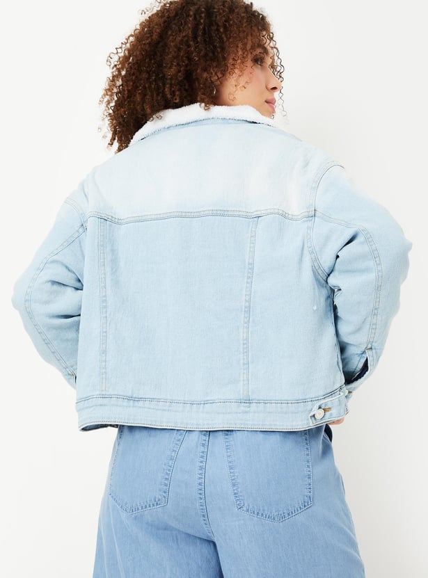 Women Washed Denim Jacket with Teddy Collar