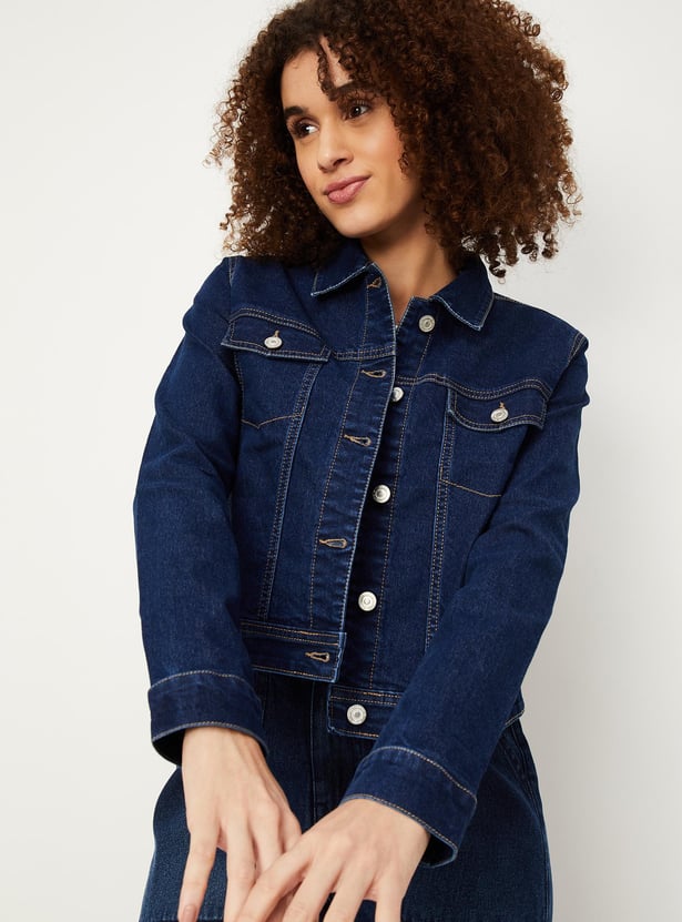 Women Solid Flap Pockets Denim Jacket