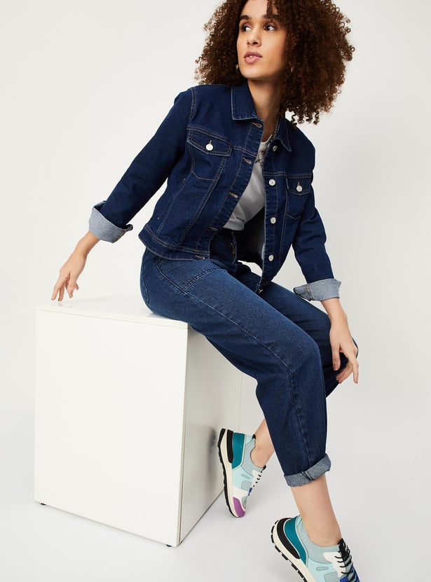 Women Solid Flap Pockets Denim Jacket