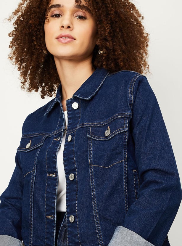 Women Solid Flap Pockets Denim Jacket