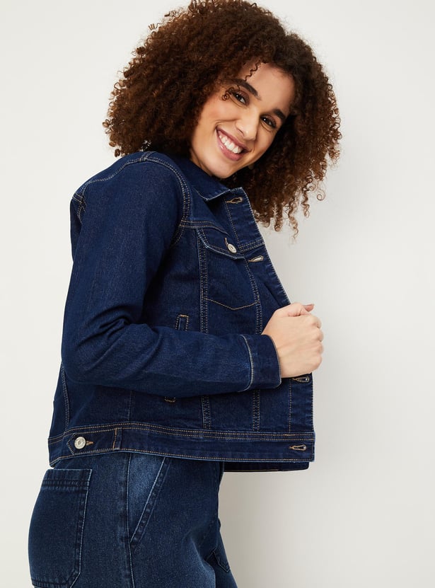 Women Solid Flap Pockets Denim Jacket