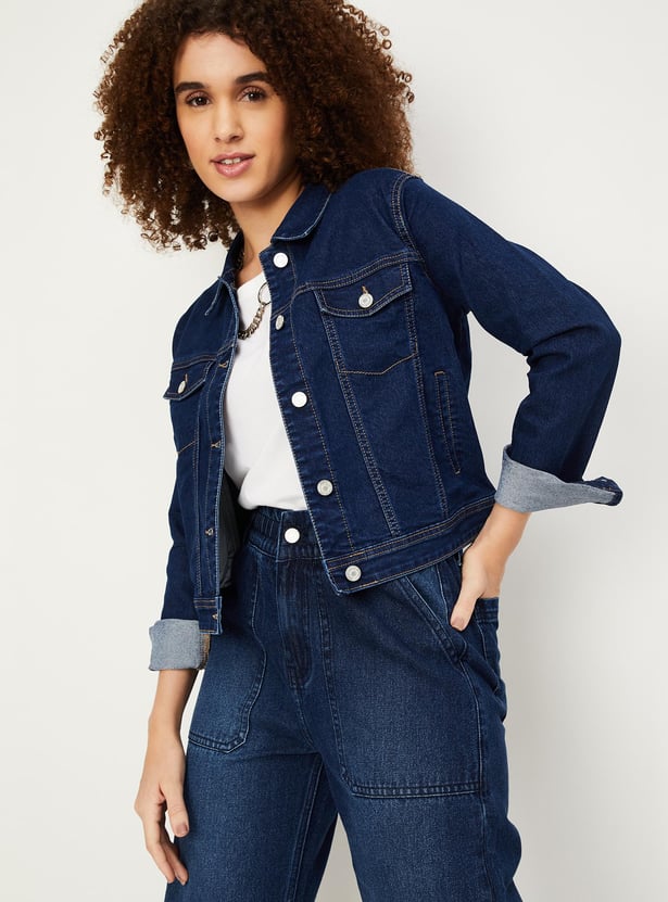 Women Solid Flap Pockets Denim Jacket