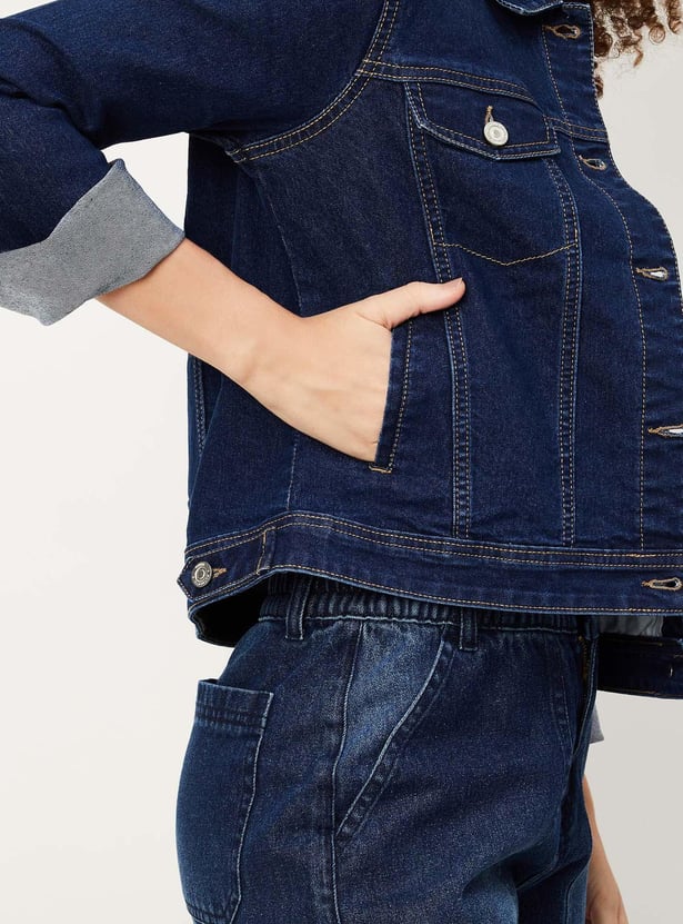 Women Solid Flap Pockets Denim Jacket