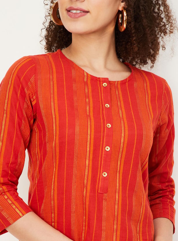 Women Orange & Off-White Striped Straight Kurta main image 0