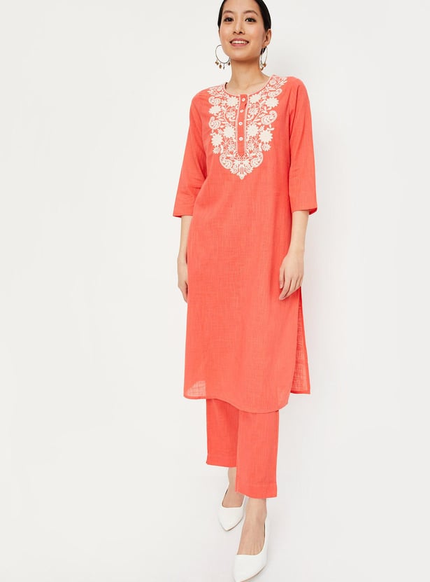 Women Orange Mirror Embroidered Straight Kurta main image 0