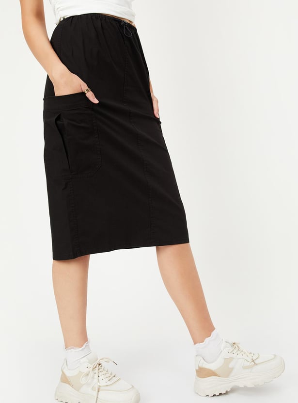 Women Solid Midi Skirt with Pockets