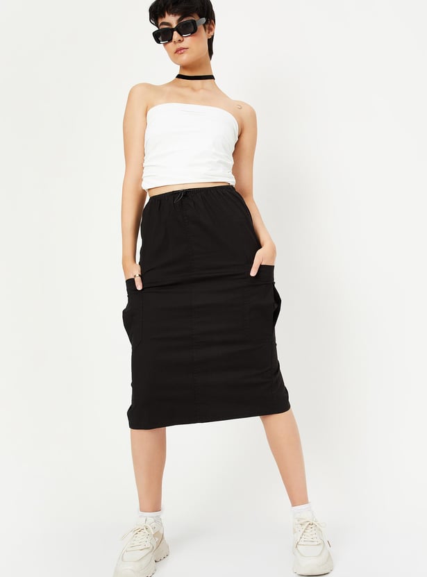 Women Solid Midi Skirt with Pockets