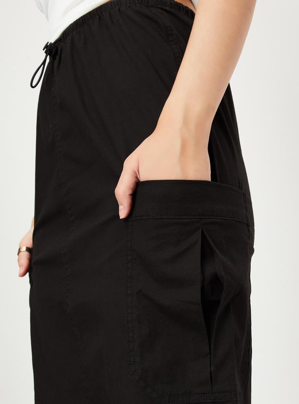 Women Solid Midi Skirt with Pockets