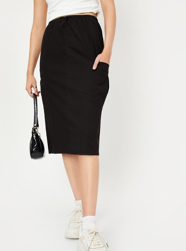 Women Solid Midi Skirt with Pockets