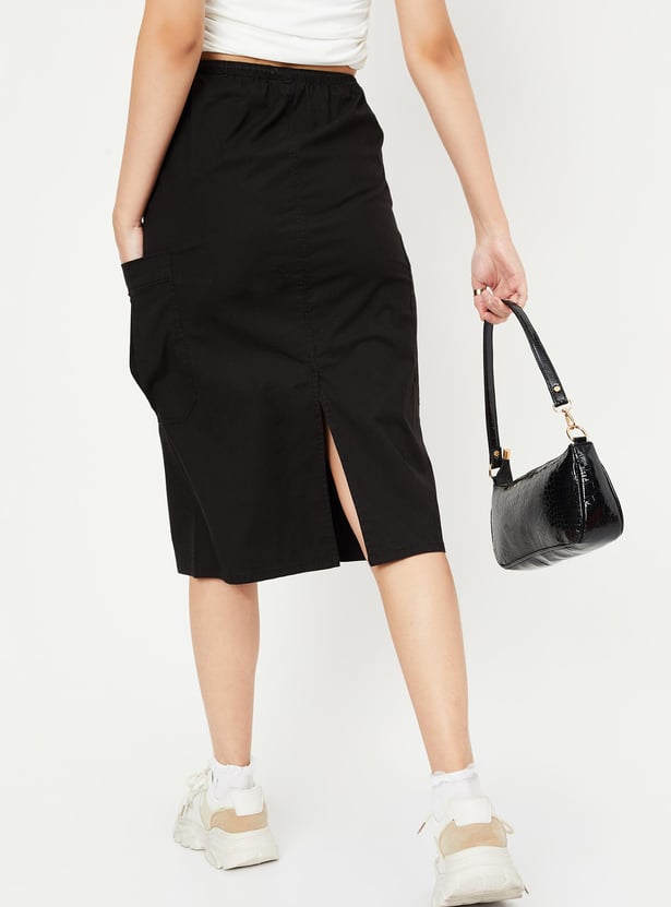 Women Solid Midi Skirt with Pockets