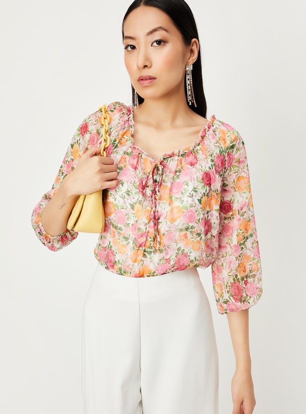 Women Printed Tie-Up Neck Top