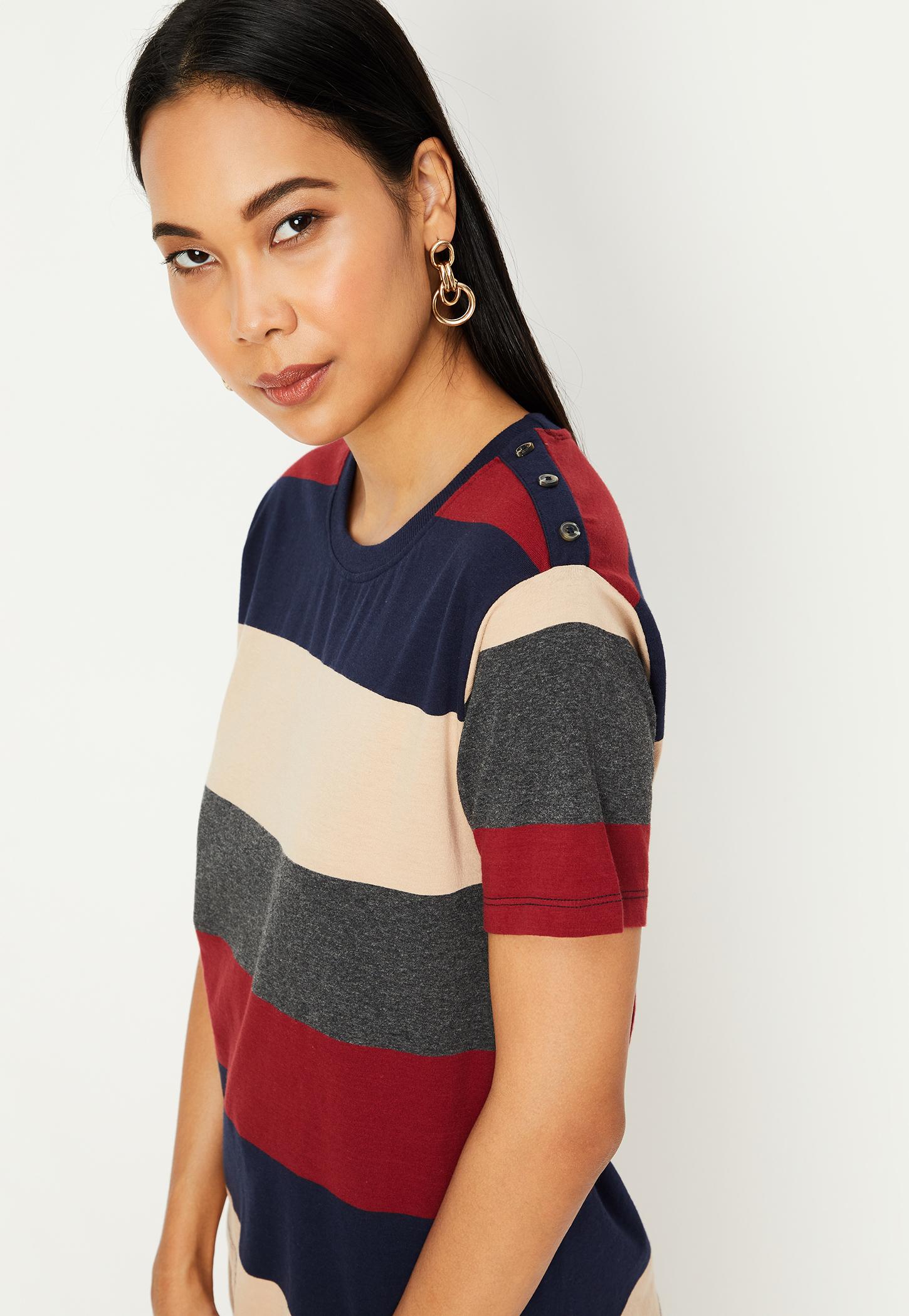 Women Cotton Striped Round Neck T-shirt-image-5
