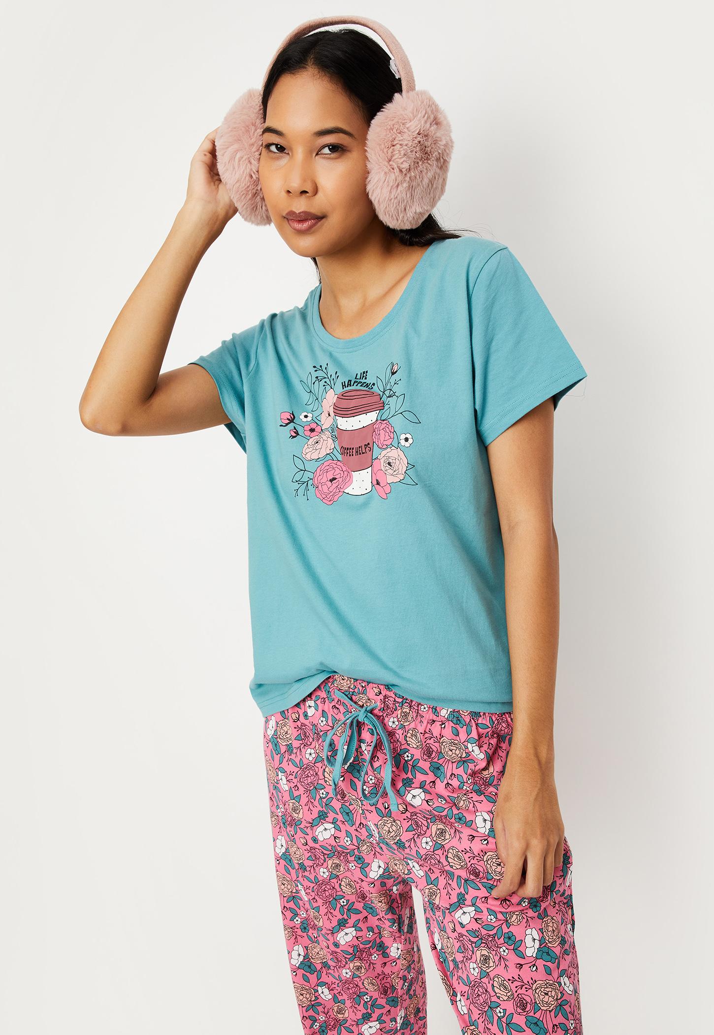 Women Cotton Printed T-shirt with Pyjamas-image-1