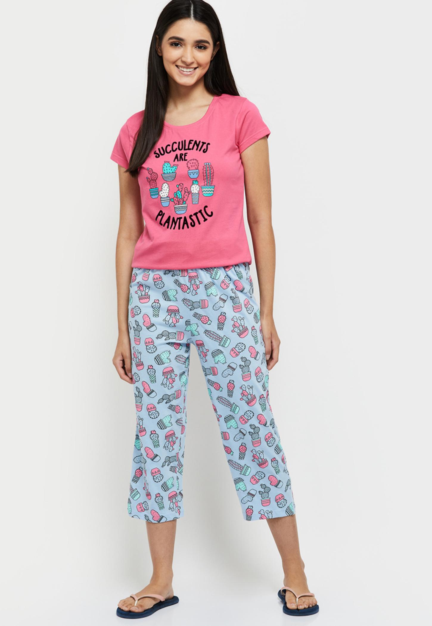 Women Printed Round Neck T-shirt with Elasticated Capris-picture-37