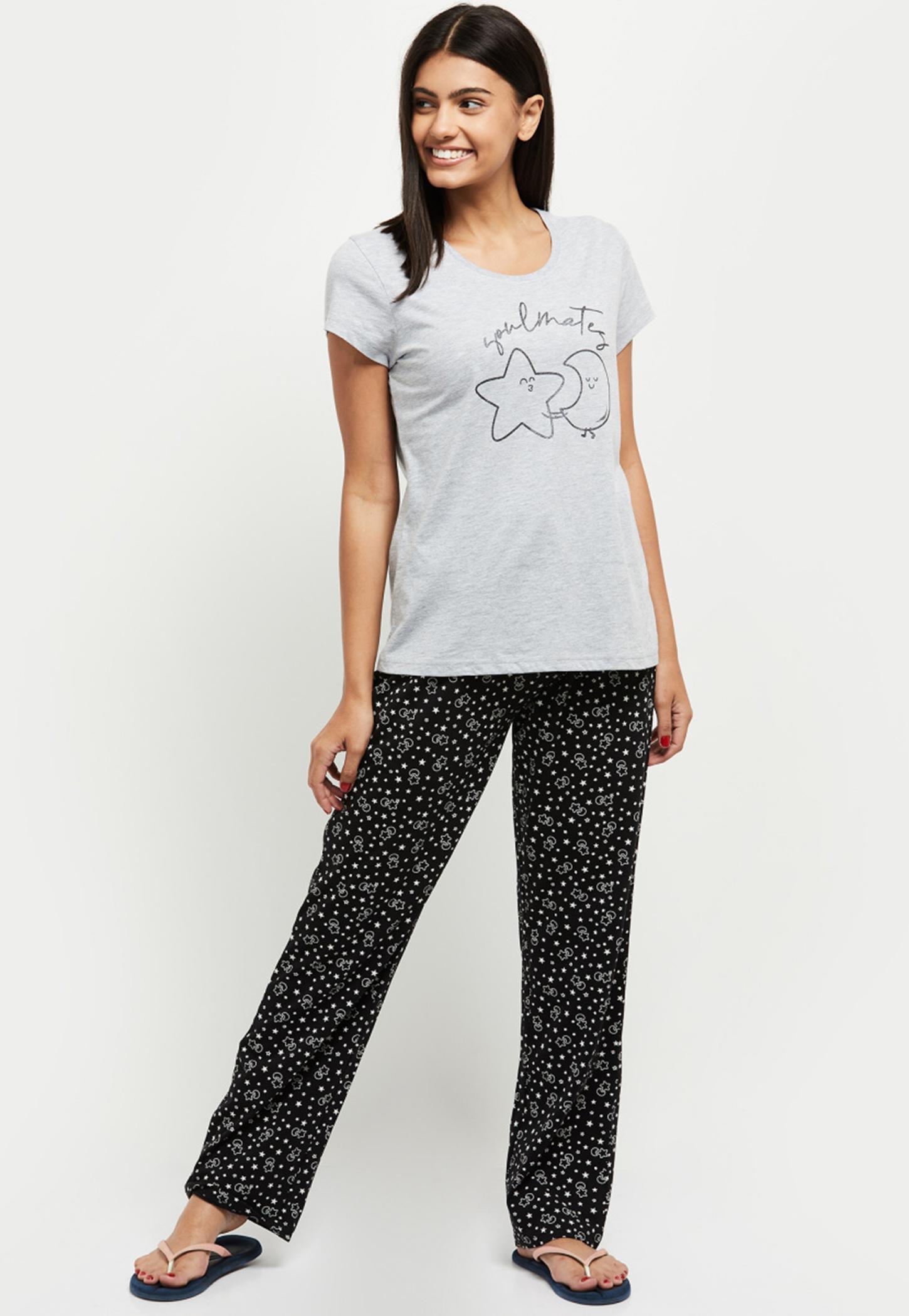 Women Printed Round Neck T-shirt with Elasticated Pyjamas-picture-34