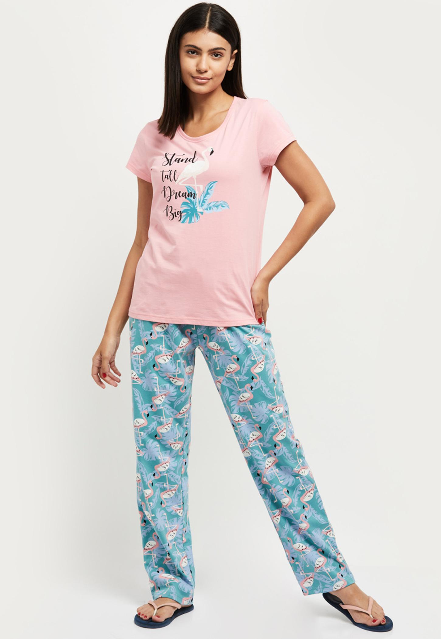 Women Printed Round Neck T-shirt with Elasticated Pyjamas-picture-38