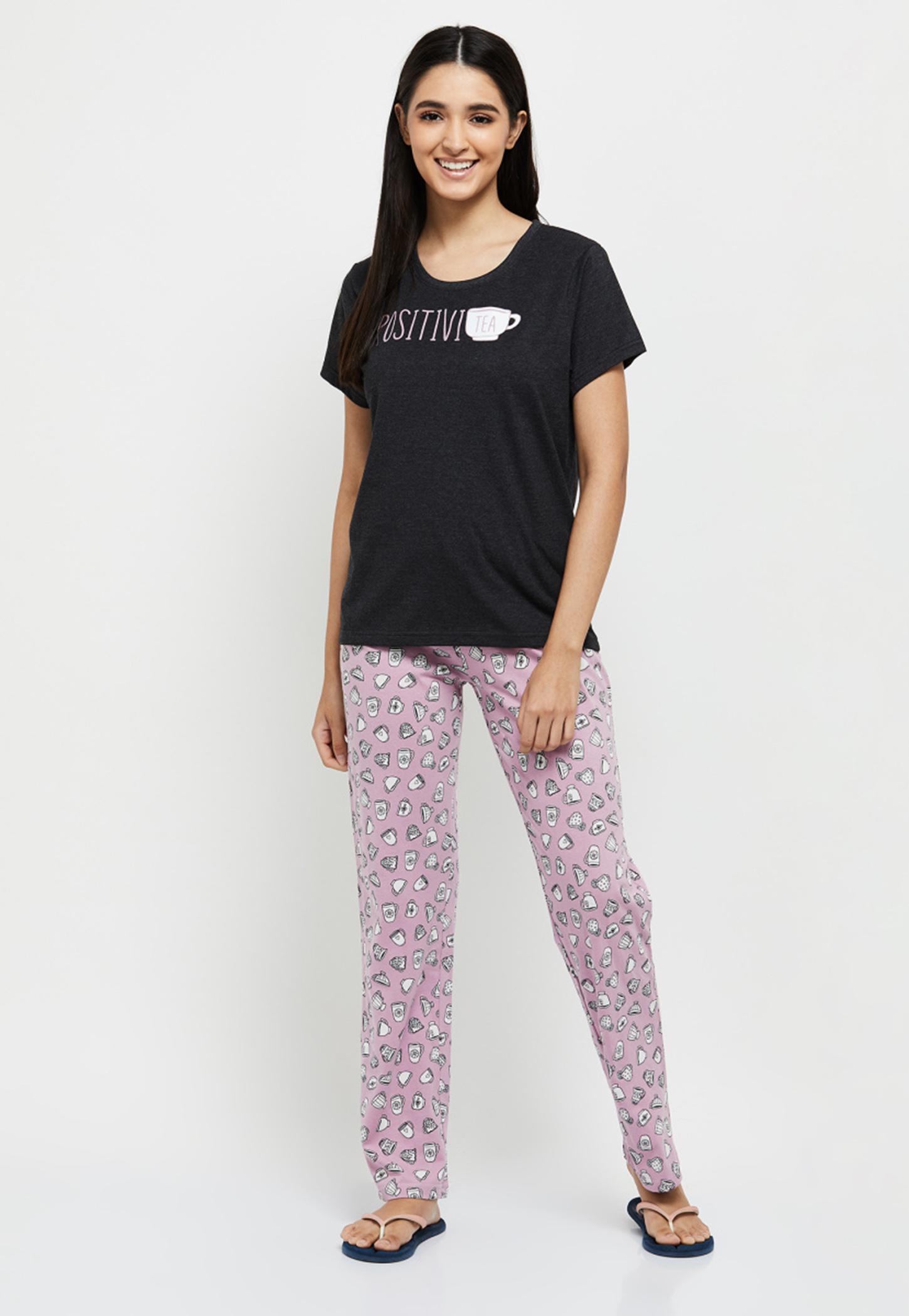 Women Printed Round Neck T-shirt with Elasticated Pyjamas-picture-32
