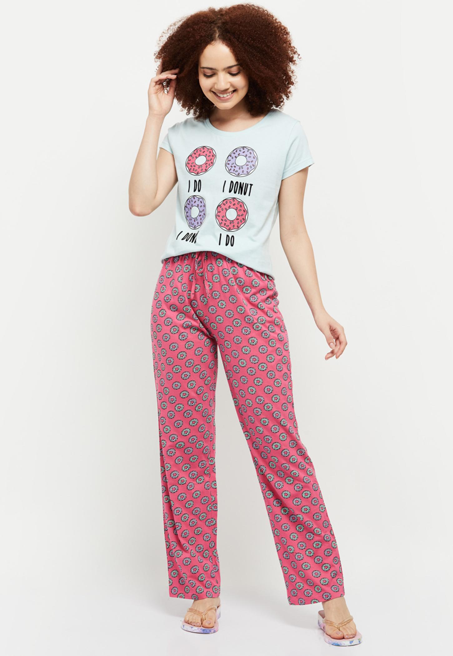 Women Printed Round Neck T-shirt With Elasticated Pyjama-picture-33
