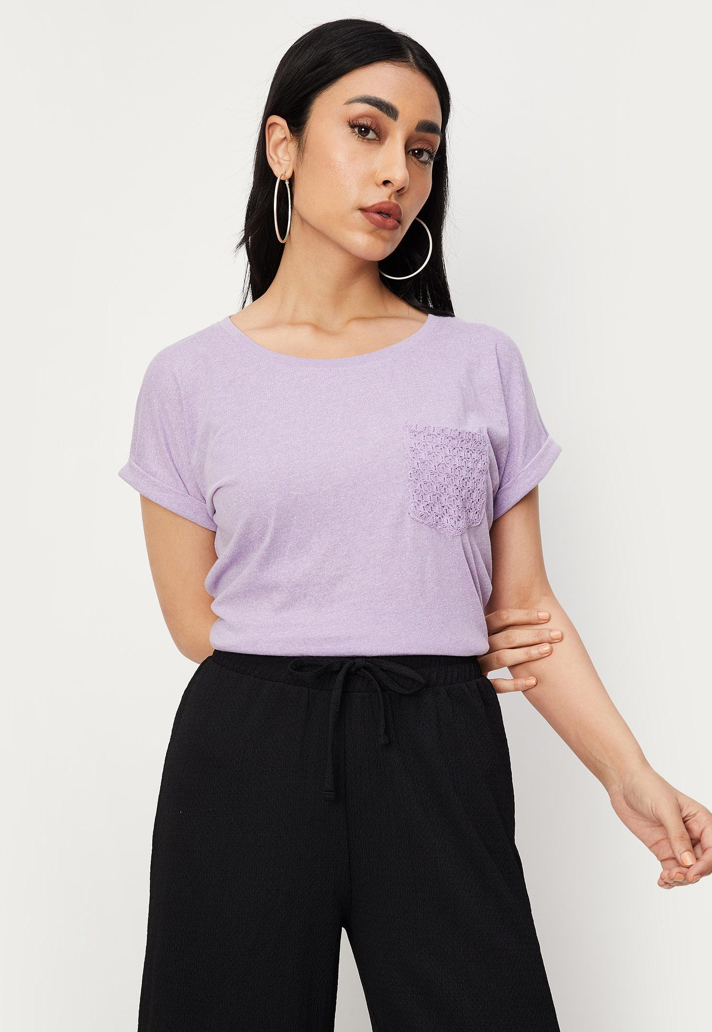 Women Solid T-shirt with Crochet Pocket-picture-11